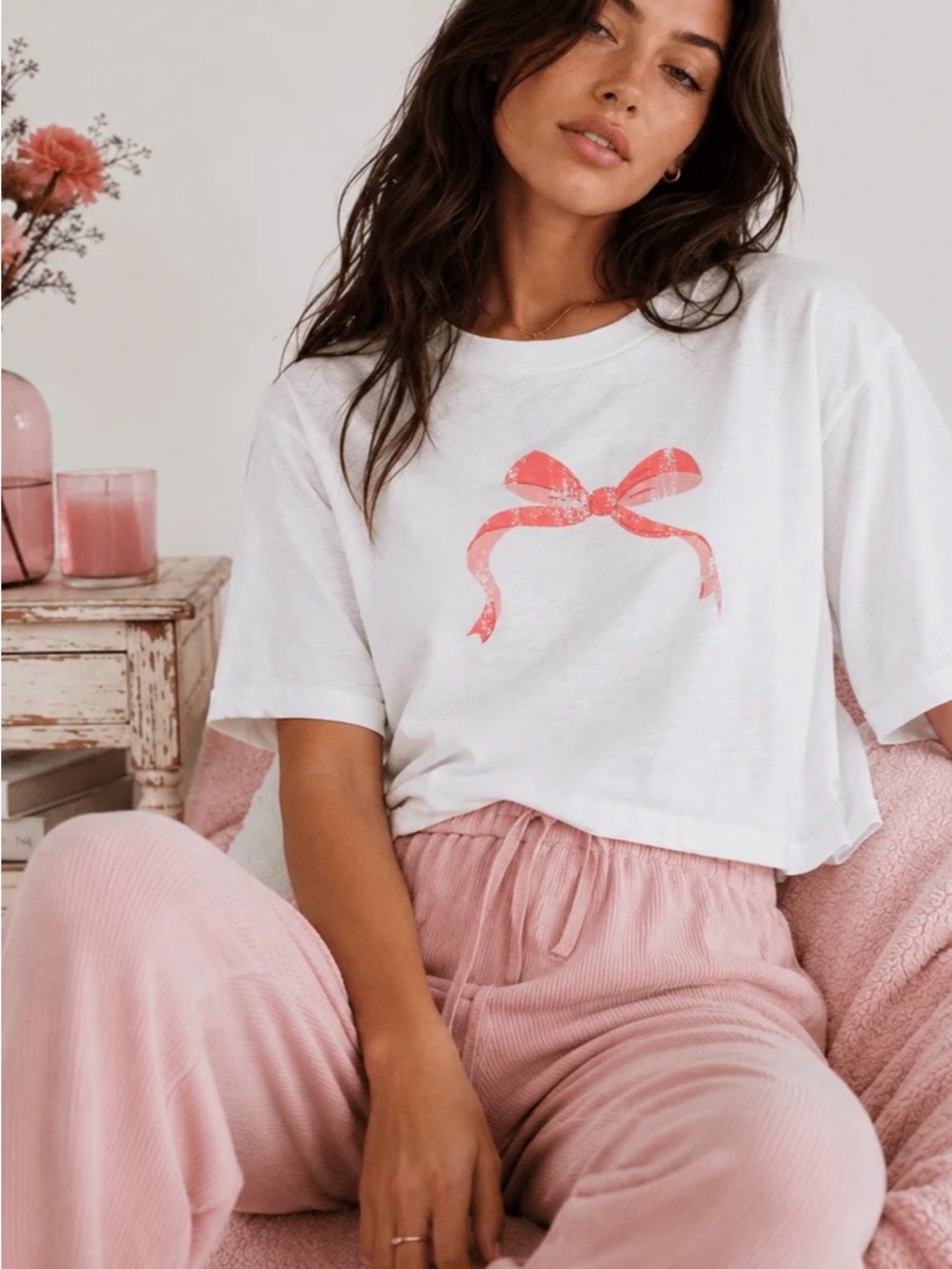 White Tee with Pink Bow Graphic